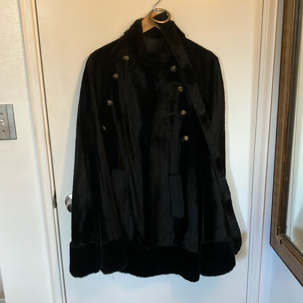 60’s Black Faux Fur Cape with belt and pockets gold buttons lined